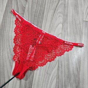 Hustler Red Branded Lace Tanga Brief Panty
